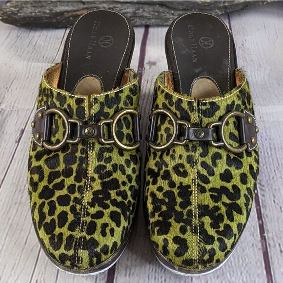 Cole Haan D17490 Green Leopard Print Pony Hair Wedge Mules Clogs - Picture 3 of 9